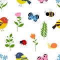 Seamless pattern spring flowers birds insects vector illustration Royalty Free Stock Photo